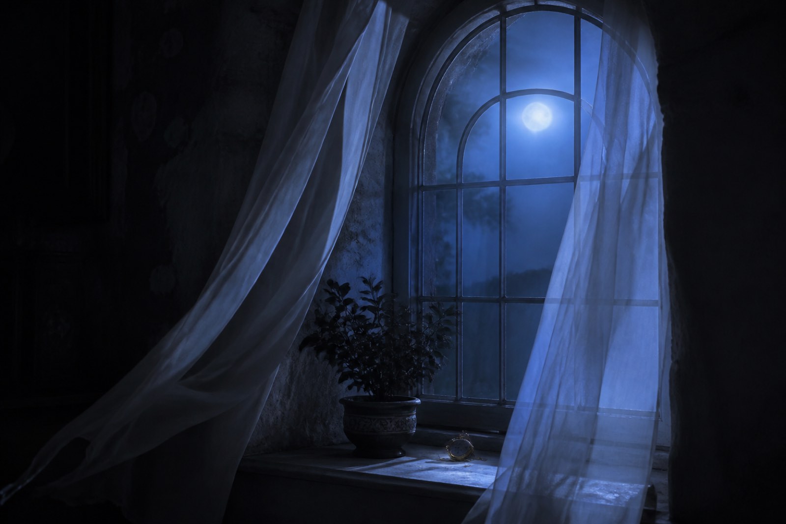 A moonlit arched window at night with sheer curtains, a potted plant and a brass pocket watch on the sill