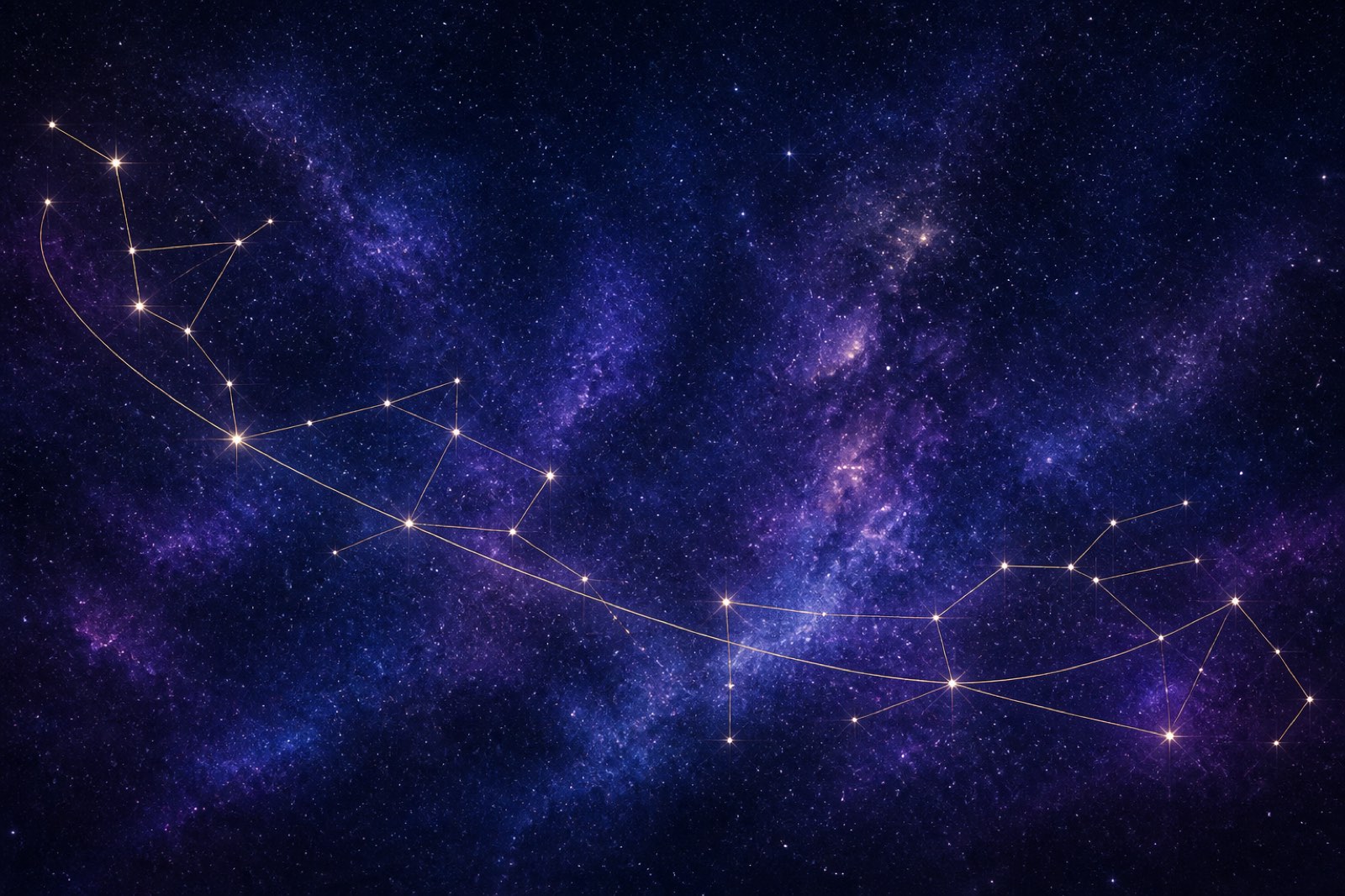 A dark starfield with delicate gold constellation lines forming a graceful ecliptic pattern