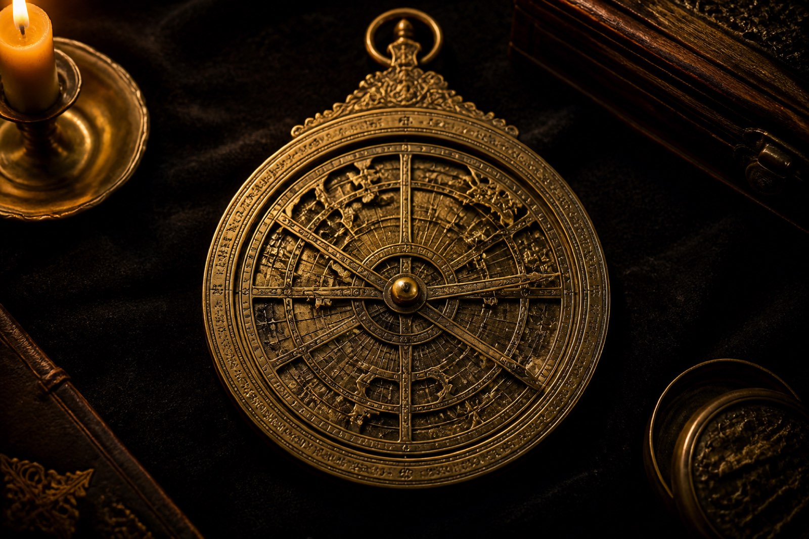 An antique brass astrolabe on black velvet, dimly lit by a single candle