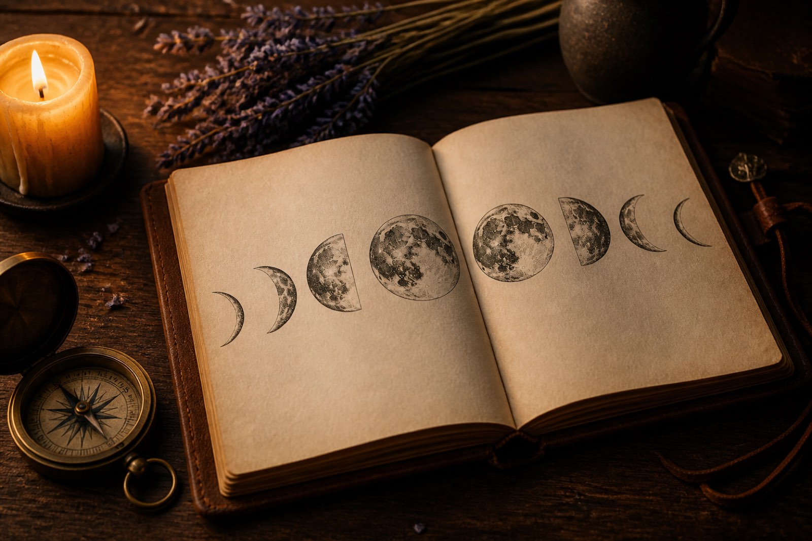 An open journal with a hand-drawn moon-phase illustration, brass compass and dried lavender beside it