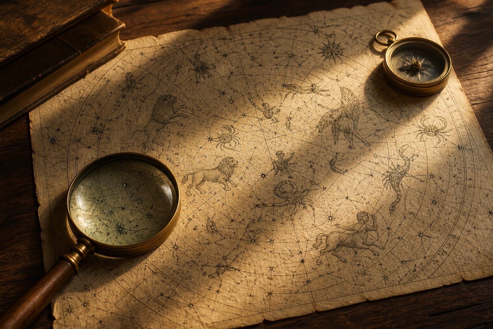 A vintage star chart on aged cream paper with a brass compass and magnifying glass, lit warmly from the side