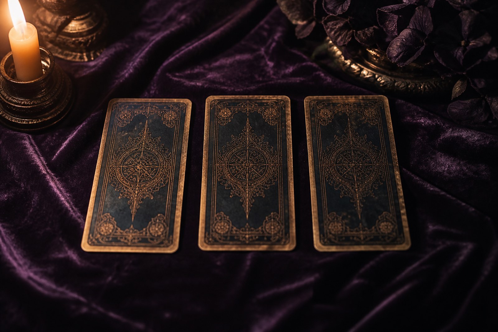 Three vintage tarot cards face-down on deep aubergine velvet, warmly lit by candlelight